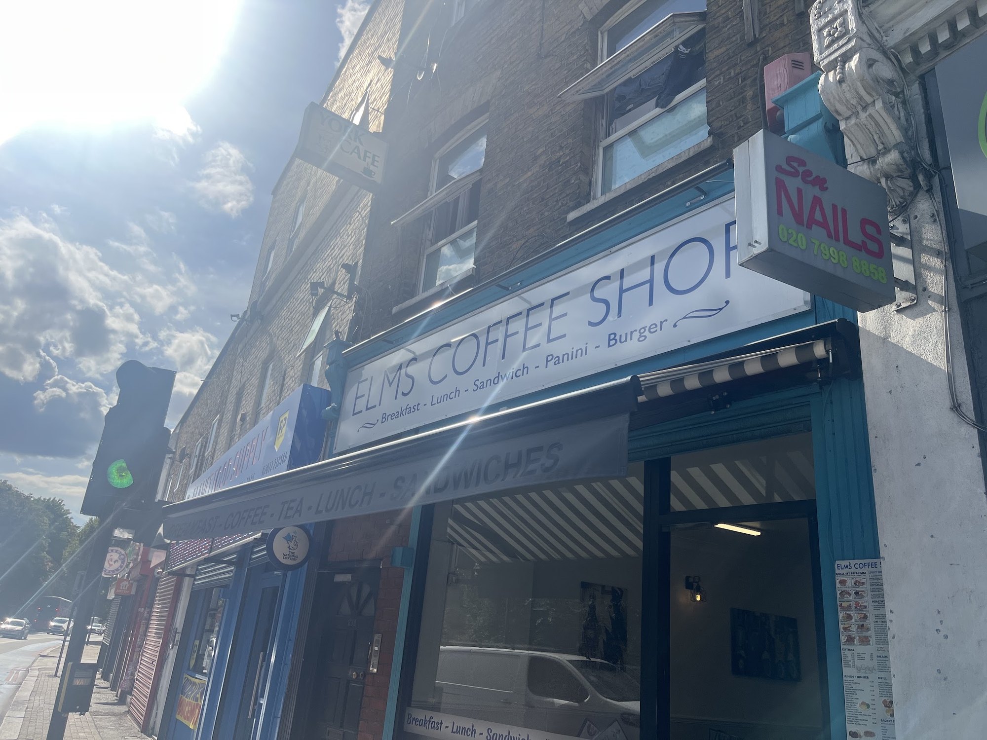 Elms Coffee Shop shopfront on York Road, Battersea